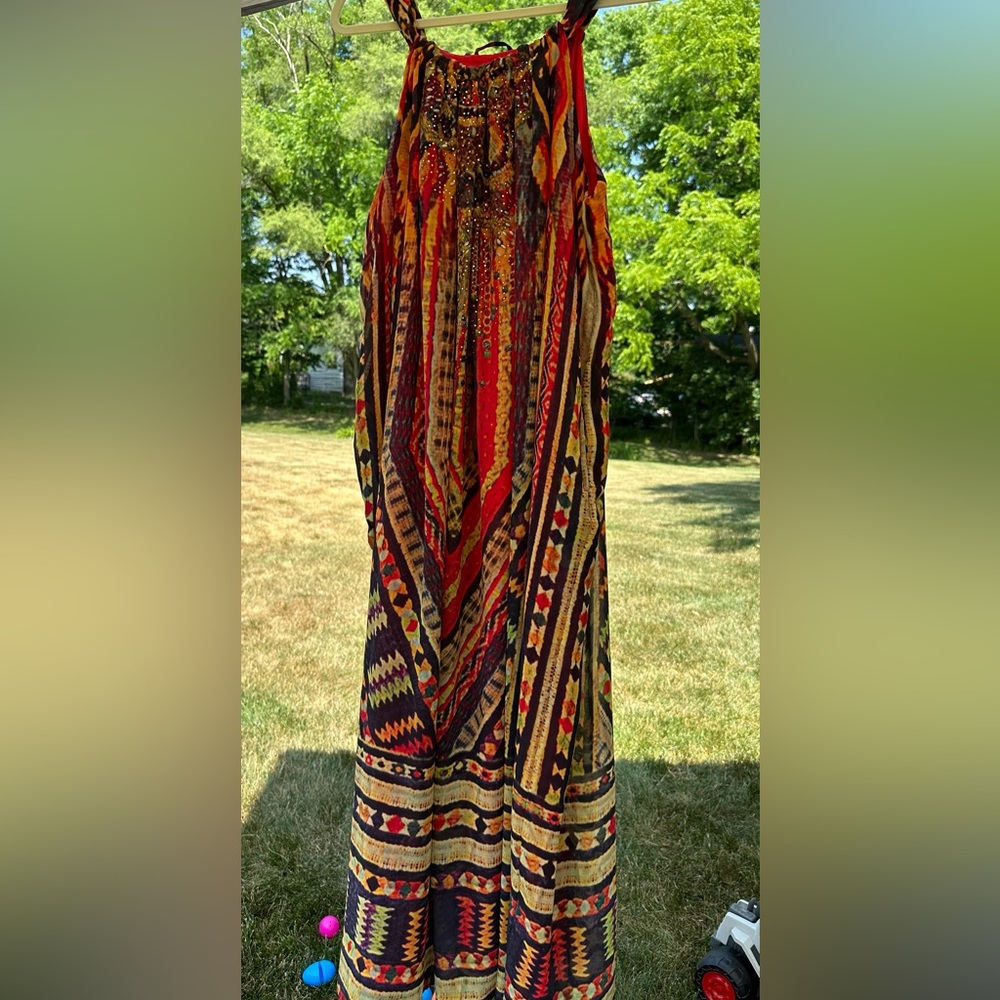 Soft Surroundings Red, Black & Gold Patterned Maxi Dress